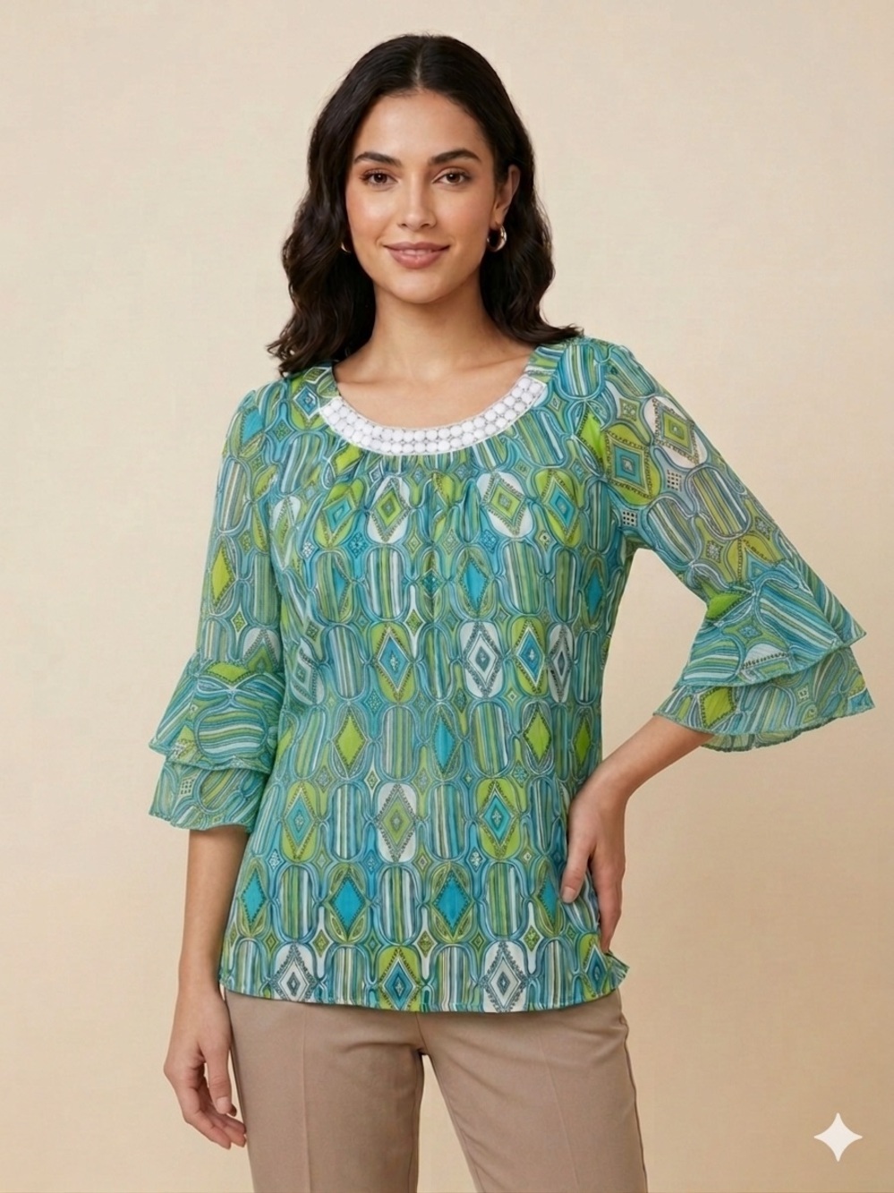 Peter Island Vintage 70s Style Geometric Print Blouse Cabochon Embellished M/L